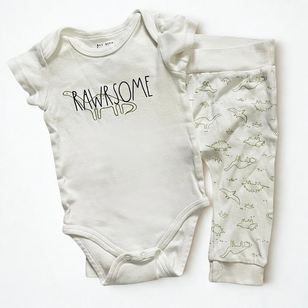 Rae Dunn ‘Rawrsome’ Dinosaur Short Sleeve Onesie & Pants Set, Size 6-9 Months